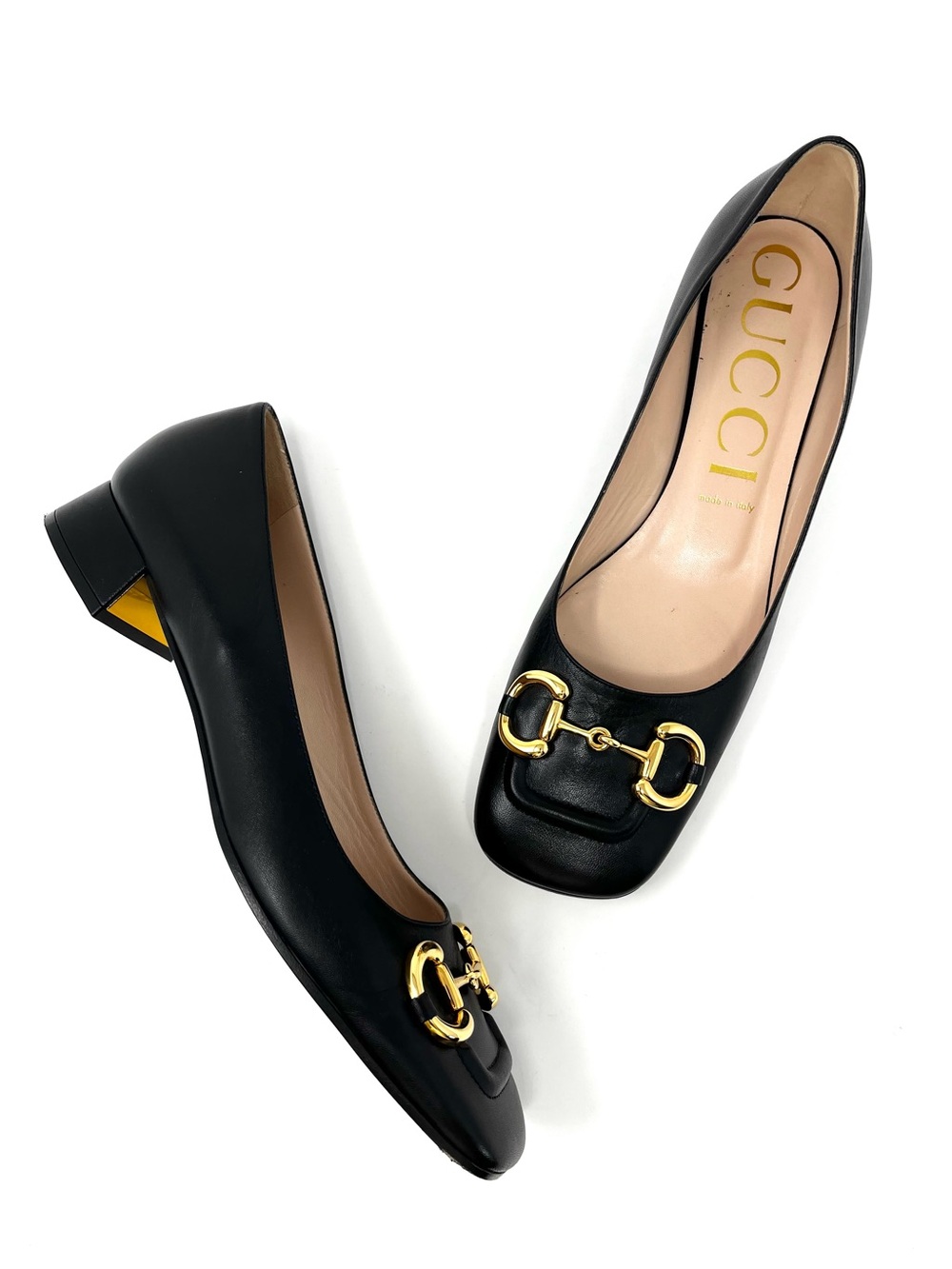 Gucci Baby Bit Horsebit Chunky Low Heels Pumps Shoes Black Leather Gold 42 12